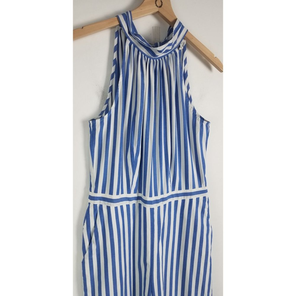 J. Crew Women's Sz. 4 Blue & White Cotton Wide Leg Halter Jumpsuit - Picture 4 of 9